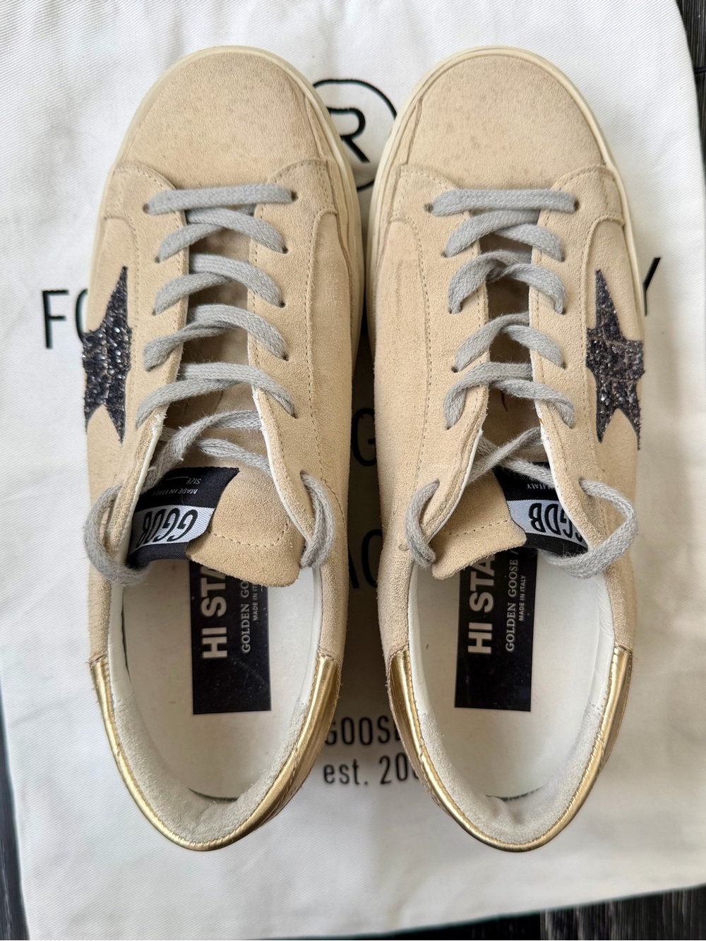 Golden Goose Beige Suede Sneakers with Black Star Accent